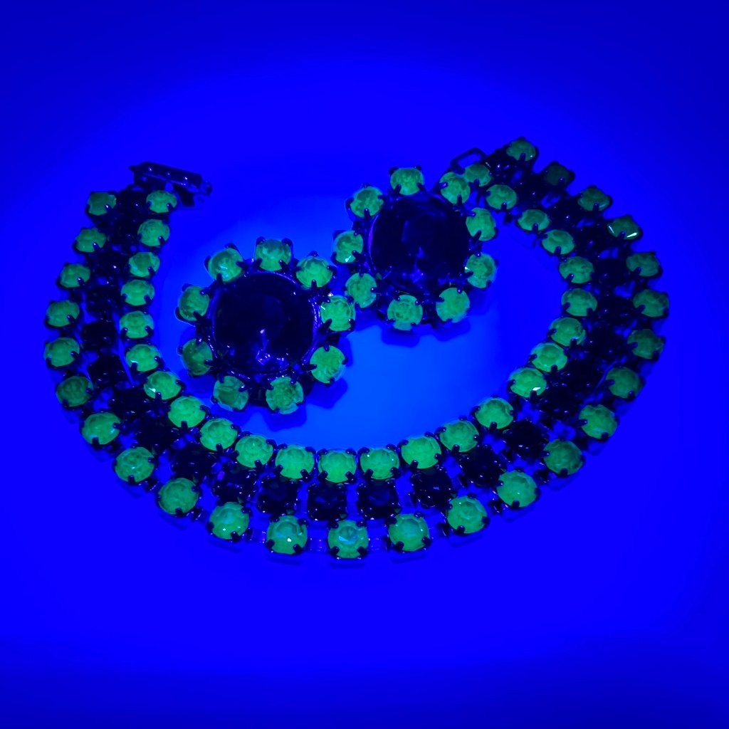 Uranium Glass Bracelet And Clip Earrings In Greens